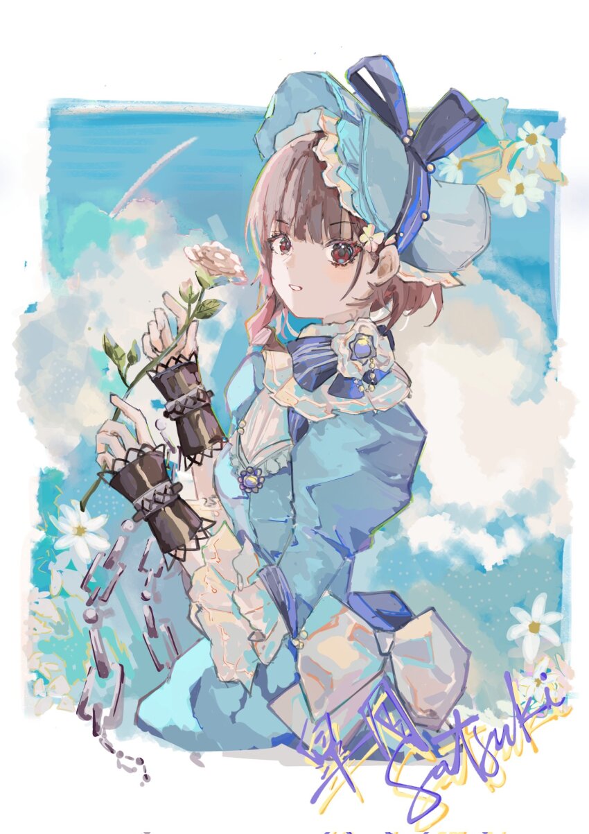 1girl blue_bow blue_dress blue_hat blue_sky bonnet bow brown_eyes brown_hair chain character_name cloud cuffs dress dress_bow flower from_side gown hands_up hat hat_bow highres holding holding_flower juliet_sleeves kyoko_(kanori_aoki) long_sleeves looking_at_viewer official_alternate_costume puffy_sleeves reverse:1999 satsuki_(reverse:1999) short_hair sky solo upper_body white_background white_bow white_flower