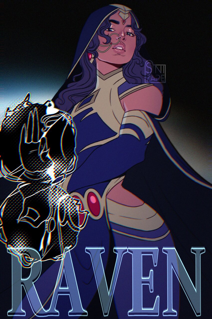 absurdres bare_shoulders black_hair colored_sclera colored_skin curly_hair dark-skinned_female dark_skin dc_comics face_piercing fingernails forehead_jewel highres hinduism indian indian_clothes jewelry lips lipstick long_fingernails long_hair long_sleeves looking_at_viewer makeup nose_piercing nose_ring parted_lips piercing purple_outfit raven_(dc) samandriade superhero_costume teen_titans
