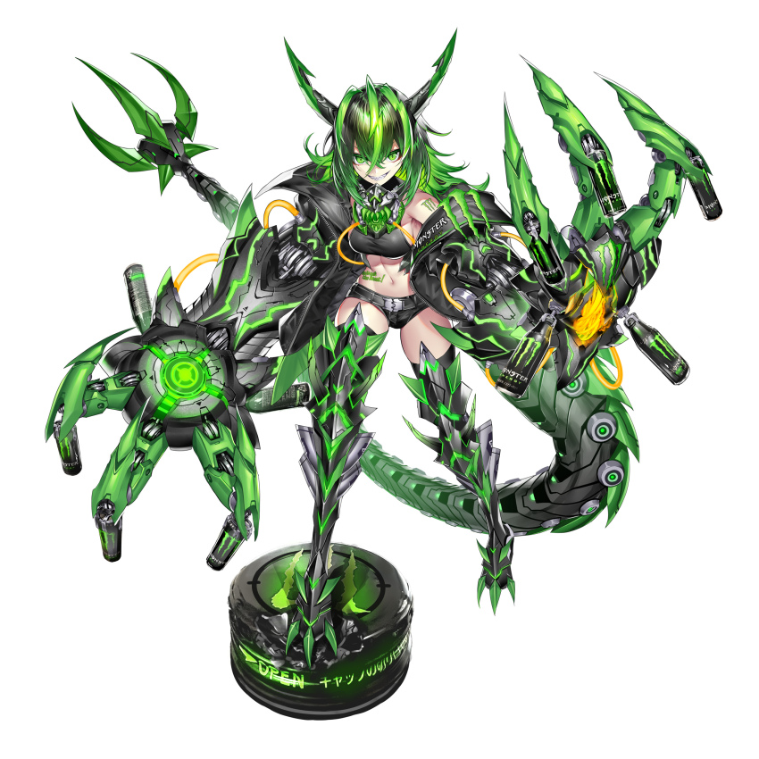 1girl belt black_hair breasts claws colored_inner_hair gradient_hair green_eyes green_hair heirou highres horns jacket long_hair medium_breasts midriff monster_energy monster_energy-chan multicolored_hair navel open_clothes open_jacket original power_fist product_girl sharp_teeth short_shorts shorts slit_pupils tail tattoo teeth white_background