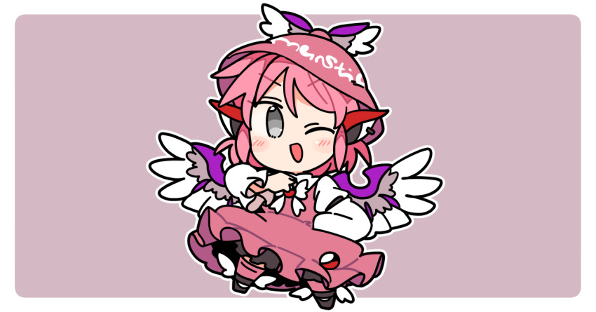 1girl ;d animal_ear_piercing animal_ears bird_ears bird_wings black_shoes blush border brown_background brown_dress brown_hat brown_socks commentary_request dress earrings frilled_dress frills full_body grey_eyes hand_on_own_chest hand_on_own_hip hat ini_(inunabe00) jewelry long_sleeves mystia_lorelei one_eye_closed open_mouth outline outside_border pink_hair shoes short_hair simple_background single_earring sleeve_garter smile socks solo touhou v-shaped_eyebrows white_border white_outline winged_hat winged_shoes wings