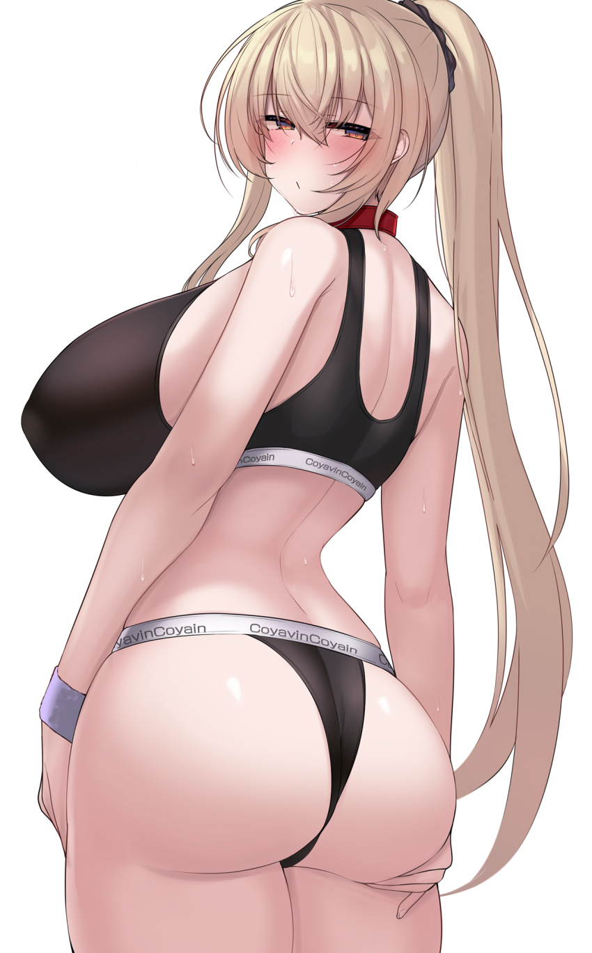 1girl ass ass_focus bare_shoulders belt_collar black_sports_bra blonde_hair blush breasts collar covered_erect_nipples highres huge_breasts kubiwa_(kutan) kutan long_hair looking_at_viewer looking_back midriff original ponytail red_collar red_eyes solo sports_bra thong two-tone_sports_bra wristband