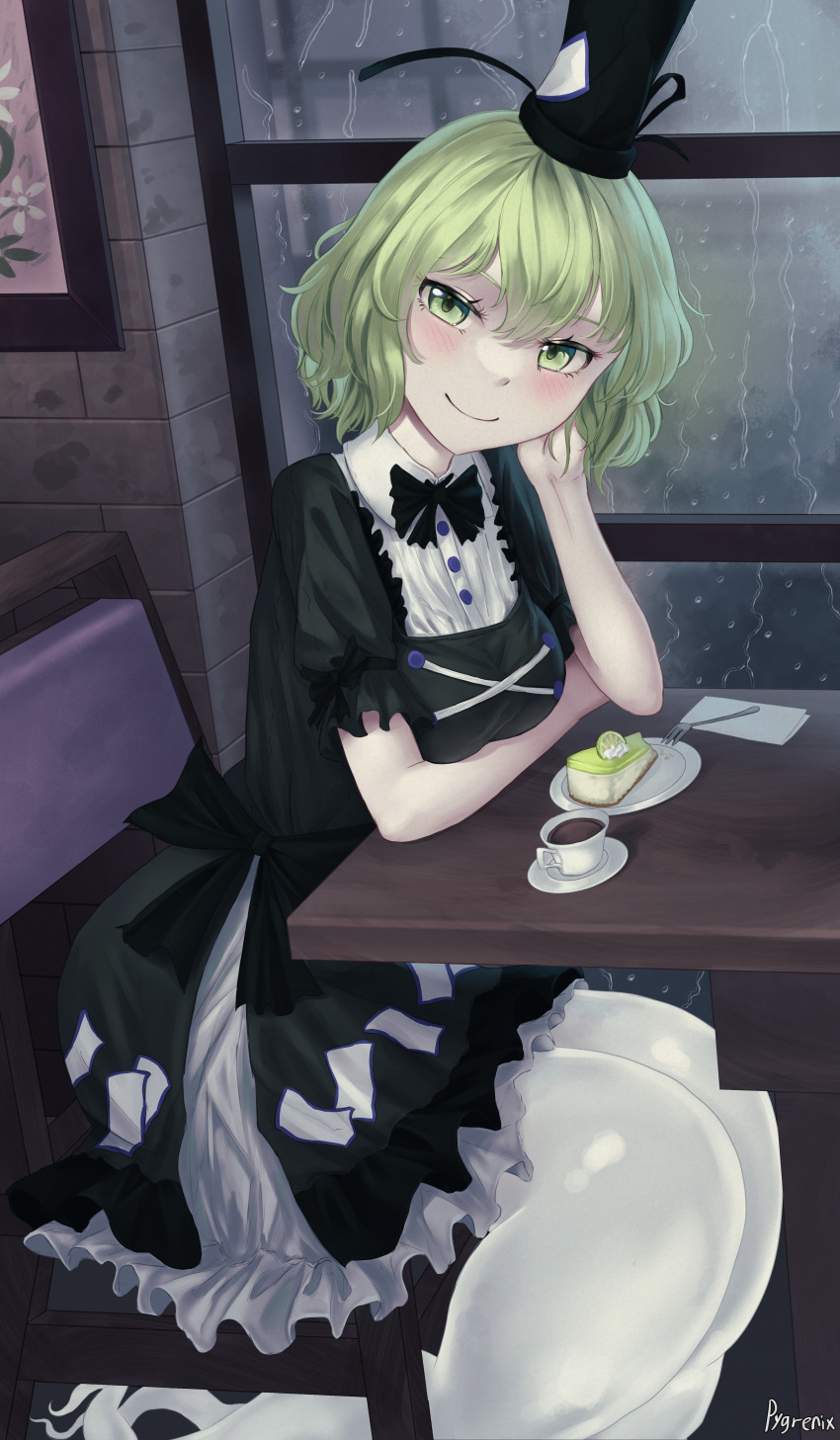 1girl absurdres black_hat blush cake closed_mouth commentary cross-laced_clothes cup food ghost_tail green_eyes green_hair hand_on_own_face hat highres indoors looking_at_viewer pygrenix short_sleeves signature sitting smile soga_no_tojiko solo tate_eboshi teacup touhou