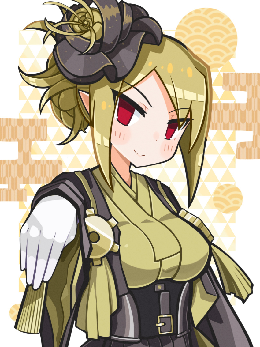 1girl black_flower blonde_hair blush breasts closed_mouth disgaea flower gears gloves hair_flower hair_ornament highres large_breasts long_sleeves looking_at_viewer makai_senki_disgaea_3 official_alternate_costume official_alternate_hairstyle pointy_ears red_eyes salvatore_(disgaea) smile solo suaman underbust upper_body white_gloves