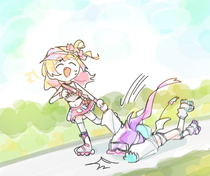 2girls :d ^_^ absurdres accident bare_arms bare_shoulders blonde_hair blush bow bow_skirt cheerleader closed_eyes clothes_writing colored_inner_hair commentary demon_tail demon_wings english_commentary eyeshadow faceplant facing_another fallen_down goggles goggles_on_head gradient_hair hair_rings highres holding_hands hololive inline_skates knee_pads layered_skirt legzy long_hair makeup medium_hair melting_tail midriff miniskirt momosuzu_nene momosuzu_nene_(cheerleader) multicolored_hair multiple_girls navel official_alternate_costume official_alternate_hairstyle one_side_up open_mouth outdoors pink_eyeshadow pink_hair pink_headwear pink_sash pink_skirt purple_hair roller_skates sash short_shorts shorts shrug_(clothing) sideways_hat single_hair_ring skates skating skirt smile strapless sweatdrop tail tank_top thighhighs tokoyami_towa tokoyami_towa_(cyberpunk) tripping tube_top virtual_youtuber visor_cap waist_bow white_shorts white_tank_top white_thighhighs white_tube_top white_wings wings wrist_cuffs ||/