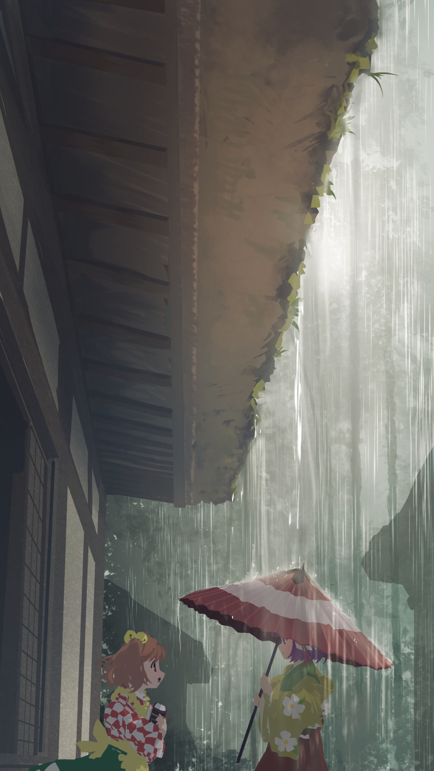 2girls :d absurdres apron bell book checkered_clothes checkered_kimono commentary_request floral_print floral_print_kimono flower green_kimono green_skirt hair_bell hair_flower hair_ornament hieda_no_akyuu highres holding holding_book holding_umbrella japanese_clothes kimono long_sleeves motoori_kosuzu multiple_girls oil-paper_umbrella open_mouth orange_hair outdoors overcast print_kimono purple_hair rain red_kimono red_skirt short_hair skirt sky smile touhou umbrella ushitsuchi white_kimono wide_sleeves yellow_apron