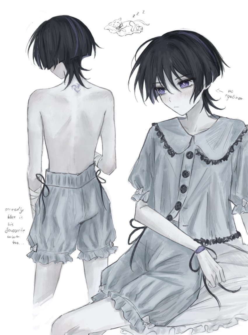 1boy absurdres alternate_costume arms_at_sides bandaged_arm bandages black_hair blunt_ends blush bow cat closed_mouth collar contemporary doll_joints english_text eyelashes facing_away frilled_collar frilled_shirt frills genshin_impact grey_shirt grey_shorts highres joints looking_to_the_side multicolored_hair multiple_views muted_color pillow purple_eyes purple_hair purple_pupils scaramouche_(cat)_(genshin_impact) scaramouche_(genshin_impact) shirt shorts sitting sleepwear standing streaked_hair topless_male tsurime white_background white_bow yoruli_e zzz