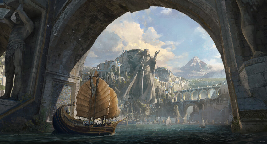 boat bridge city dock highres mountain no_humans numenor official_art renart rings_of_power scenery ship statue tolkien&#039;s_legendarium trireme water watercraft watermark
