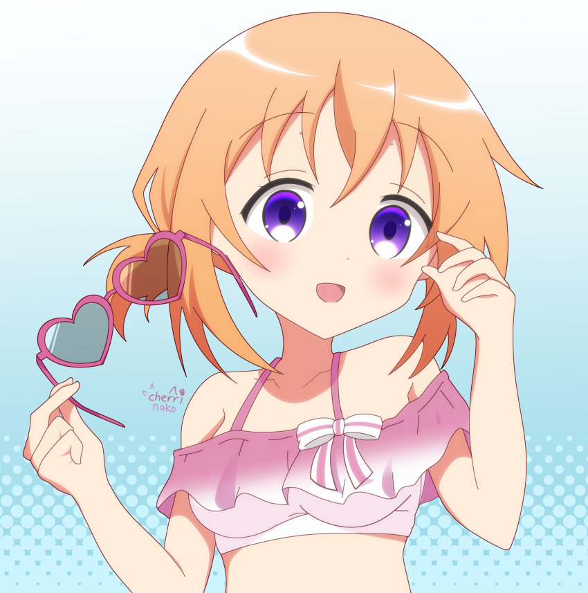 1girl absurdres aged_down blue_background blush bow bra breasts brown_hair cherrinako female_focus glasses gochuumon_wa_usagi_desu_ka? highres hoto_cocoa looking_at_viewer medium_breasts nose open_mouth pink_bow pink_bra purple_eyes shadow short_hair solo tongue underwear white_background