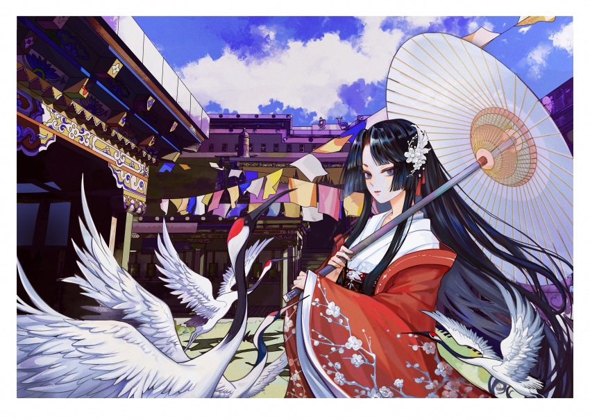 1girl absurdres bird black_hair blue_sky border building cloud crane_(animal) flower grey_eyes hair_flower hair_ornament hands_up highres hime_cut holding holding_umbrella japanese_clothes kimono long_hair long_sleeves looking_at_viewer original outdoors print_kimono red_kimono shan_gui_yu_yao sky solo umbrella upper_body white_border white_flower wide_sleeves