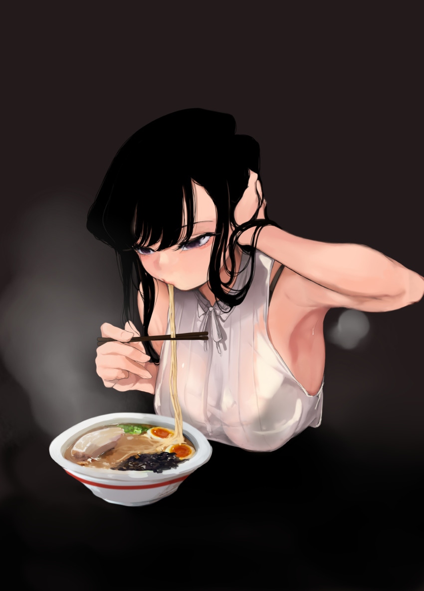 1girl armpits black_background black_bra black_hair blouse bra bra_strap bra_visible_through_clothes breasts chopsticks eating egg food highres komi-san_wa_komyushou_desu komi_shouko long_hair mamimi_(mamamimi) meat noodles purple_eyes ramen see-through_clothes shirt simple_background sleeveless sleeveless_shirt solo sweat underwear