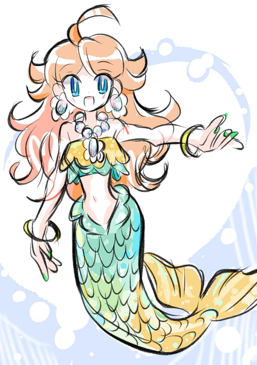 1girl absurdres blue_eyes bracelet brooch brown_hair cosplay earrings flower_brooch flower_earrings highres jewelry long_hair mario_(series) mermaid mermaid_peach monster_girl necklace nintendo open_mouth pearl_necklace princess_daisy princess_peach princess_peach:_showtime! princess_peach_(cosplay) rakugaki_shitagari-ya smile solo