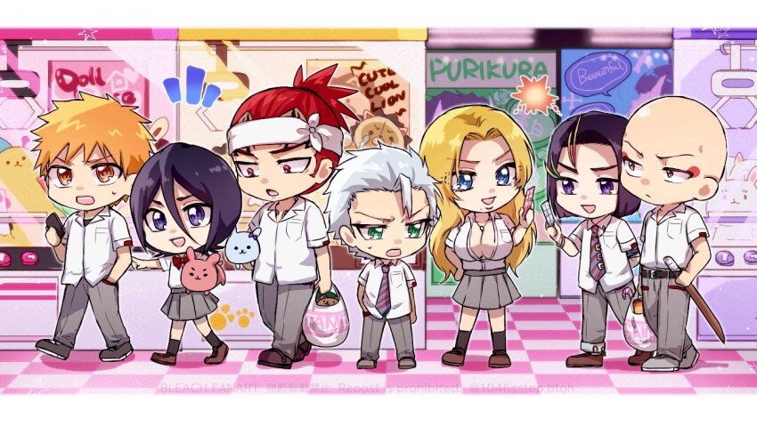 abarai_renji bleach blonde_hair blue_eyes breasts chibi cleavage hitsugaya_toushirou kuchiki_rukia kurosaki_ichigo large_breasts long_hair madarame_ikkaku matsumoto_rangiku red_hair skirt