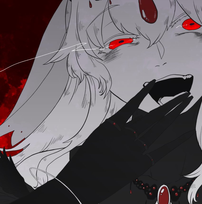 1girl ahoge black_gloves circlet colored_eyelashes crazy_eyes fangs gem gloves highres isabeau_de_baviere_(madoka_magica) jewelry laughing limited_palette long_hair magia_record:_mahou_shoujo_madoka_magica_gaiden magical_girl mahou_shoujo_madoka_magica mahou_shoujo_tart_magica messy_hair necklace official_alternate_costume ojou-sama_pose open_mouth red_background red_eyes ring smile solo teeth uoygimak veil wavy_hair