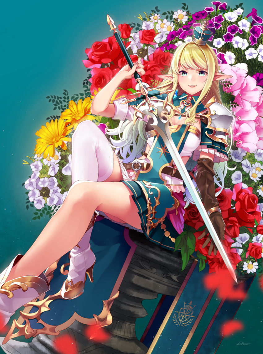 1girl armor azalea_(flower) banner belt blonde_hair blue_eyes blush boots breasts brown_gloves cleavage crown elbow_gloves elf female_focus flower gloves gold_trim green_hair high_heel_boots high_heels highres holding holding_sword holding_weapon large_breasts long_hair looking_at_viewer mini_crown multicolored_hair open_mouth original parted_lips pauldrons pink_flower pointy_ears purple_flower red_flower red_rose retsuna rose shoulder_armor sidelocks signature single_elbow_glove single_thighhigh sitting smile solo sword thighhighs very_long_hair weapon white_boots white_flower white_hair white_thighhighs yellow_flower