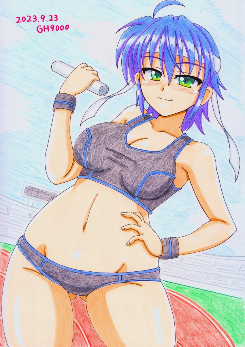1girl absurdres blue_hair blush buruma closed_mouth gh9000 green_eyes hand_on_own_hip highres looking_at_viewer lyrical_nanoha mahou_shoujo_lyrical_nanoha_strikers navel outdoors short_hair smile solo sports_bra subaru_nakajima track_uniform