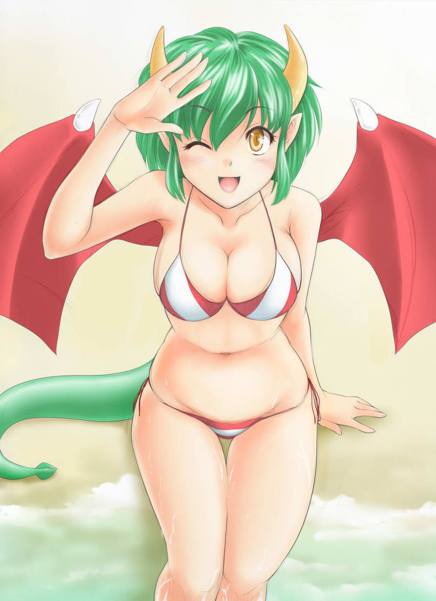 1girl absurdres bikini blush breasts cleavage collarbone compile draco_centauros dragon_girl dragon_horns dragon_tail green_hair highres horns looking_at_viewer madou_monogatari medium_breasts nanao_futaba ocean one_eye_closed open_mouth orange_eyes pointy_ears puyopuyo sand sega short_hair side-tie_bikini_bottom sitting smile solo swimsuit tail water wings