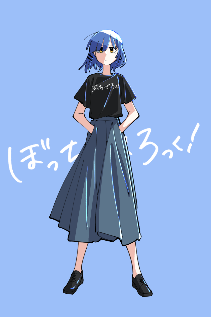 1girl absurdres black_shirt blue_hair bocchi_the_rock! hair_ornament hairpin highres long_skirt looking_at_viewer medium_hair neonfloyd shirt simple_background skirt yamada_ryo yellow_eyes
