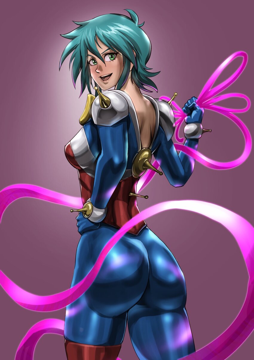 1girl allenby_beardsley aqua_hair ass blush bodysuit breasts from_behind g_gundam green_eyes gundam highres huge_ass looking_at_viewer looking_back mecha_pilot_suit medium_breasts mobile_trace_suit open_mouth porukima ribbon short_hair sideboob skin_tight smile solo