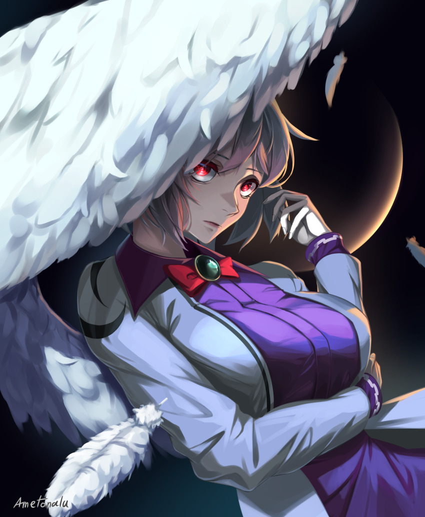 1girl absurdres ametonalu artist_name black_sky bow bowtie breasts closed_mouth collared_dress commentary_request dress feathered_wings feathers fingernails gem green_gemstone grey_hair grey_jacket hair_between_eyes hand_up highres jacket kishin_sagume large_breasts long_fingernails long_sleeves looking_at_viewer moon night open_clothes open_jacket outdoors purple_dress red_bow red_bowtie red_eyes short_hair single_wing sky solo touhou upper_body wings