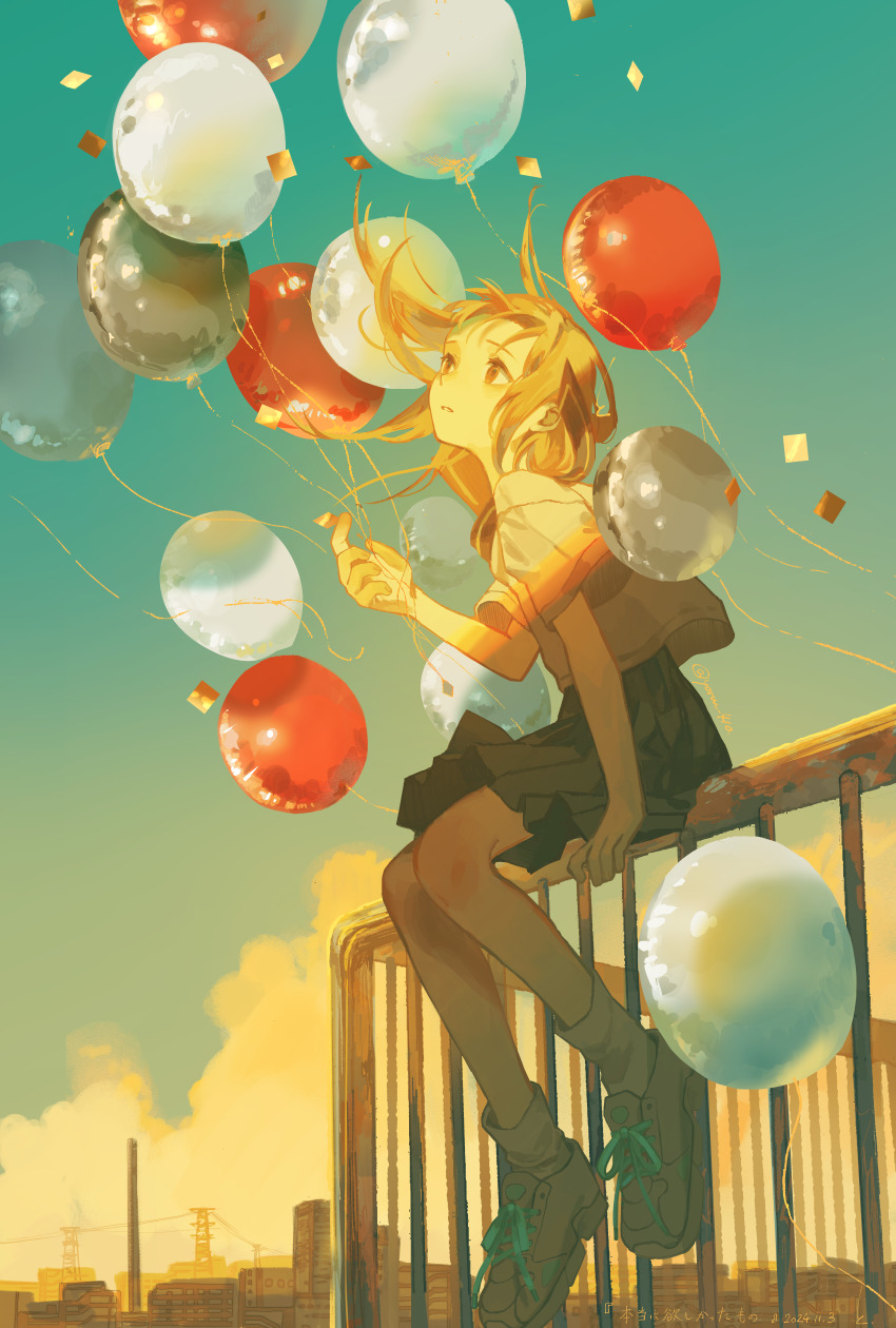 1girl absurdres balloon black_shoes black_skirt blue_sky brown_eyes building city cityscape cloud commentary_request confetti dated floating_hair highres long_hair looking_up on_railing original parted_lips pleated_skirt railing scenery school_uniform serafuku shirt shoelaces shoes short_sleeves sitting skirt sky socks solo sunset title transmission_tower white_shirt wind yoru_410