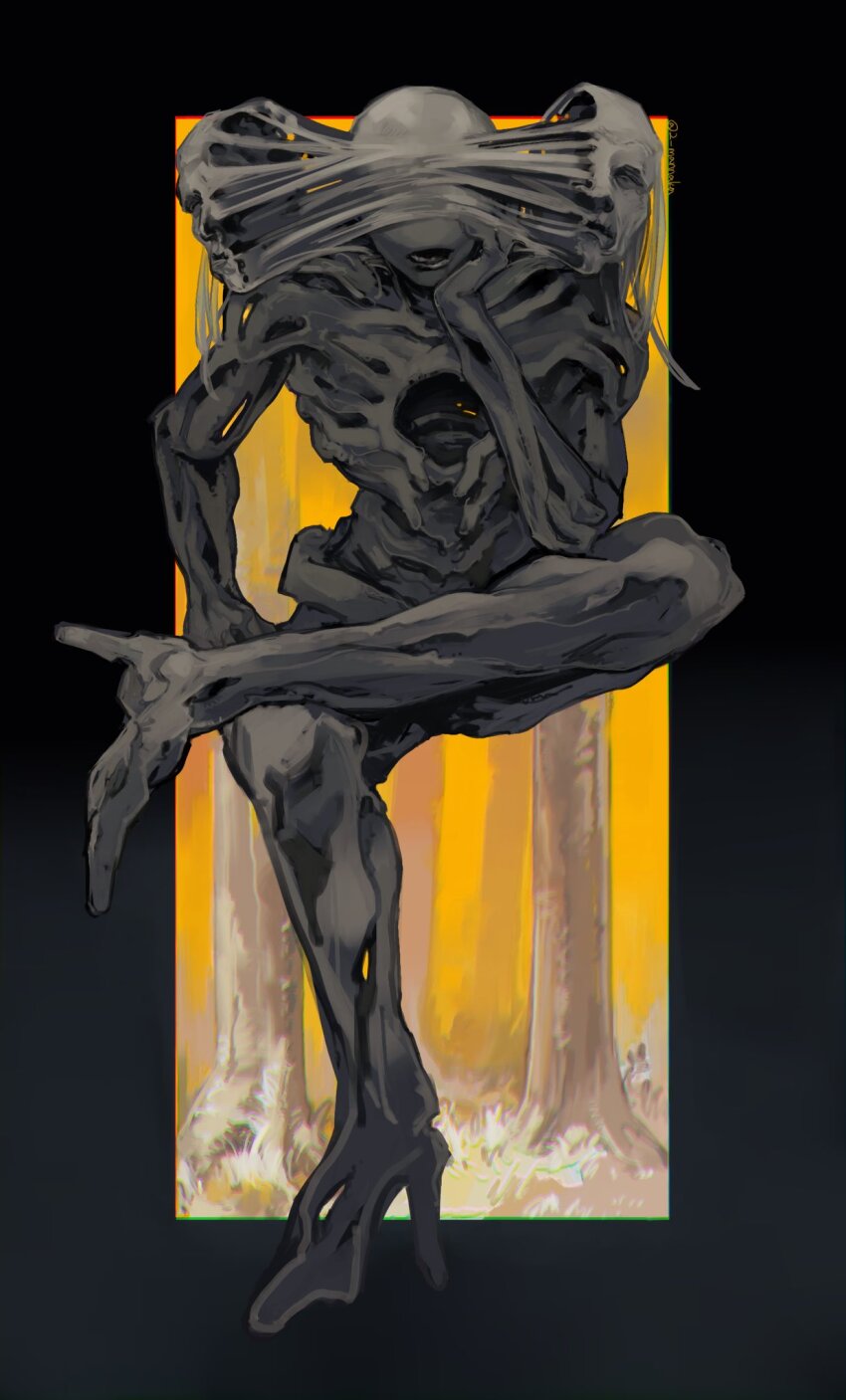 1boy aging_devil_(chainsaw_man) chainsaw_man demon extra_faces hand_on_own_face highres invisible_chair nakano_(2_mannaka) open_mouth sitting solo tree