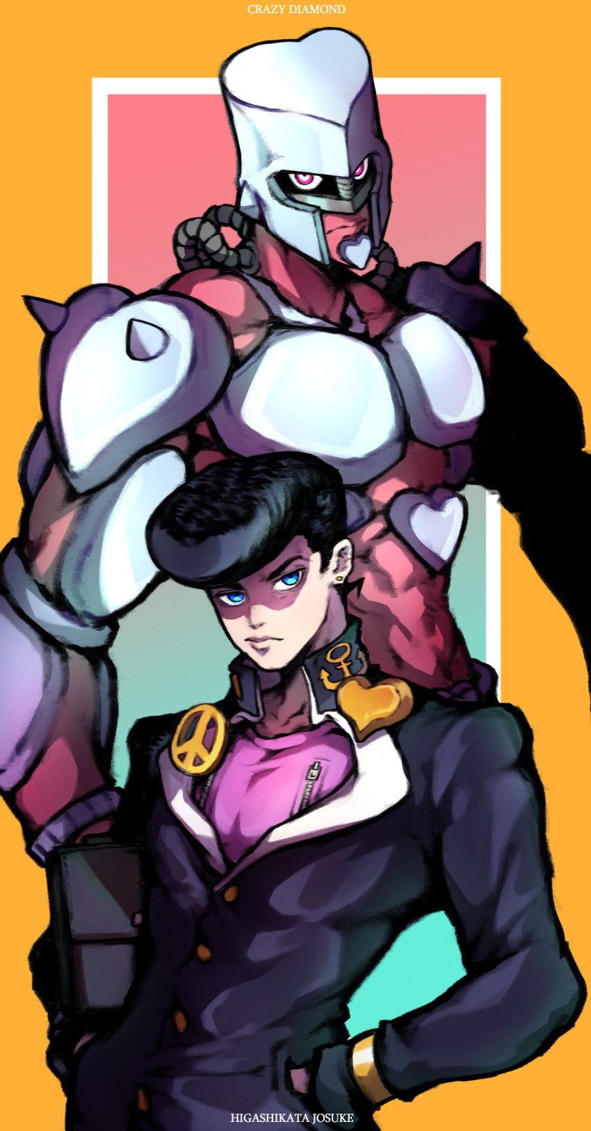 1boy absurdres black_hair black_jacket blue_eyes border character_name closed_mouth collarbone covered_pectorals crazy_diamond earrings ginseng_(xin) glowing glowing_eyes hands_in_pockets higashikata_josuke highres jacket jewelry jojo_no_kimyou_na_bouken looking_at_viewer male_focus orange_border outside_border parted_lips pectorals pink_eyes pink_shirt pompadour shaded_face shirt stand_(jojo) upper_body zipper zipper_pull_tab