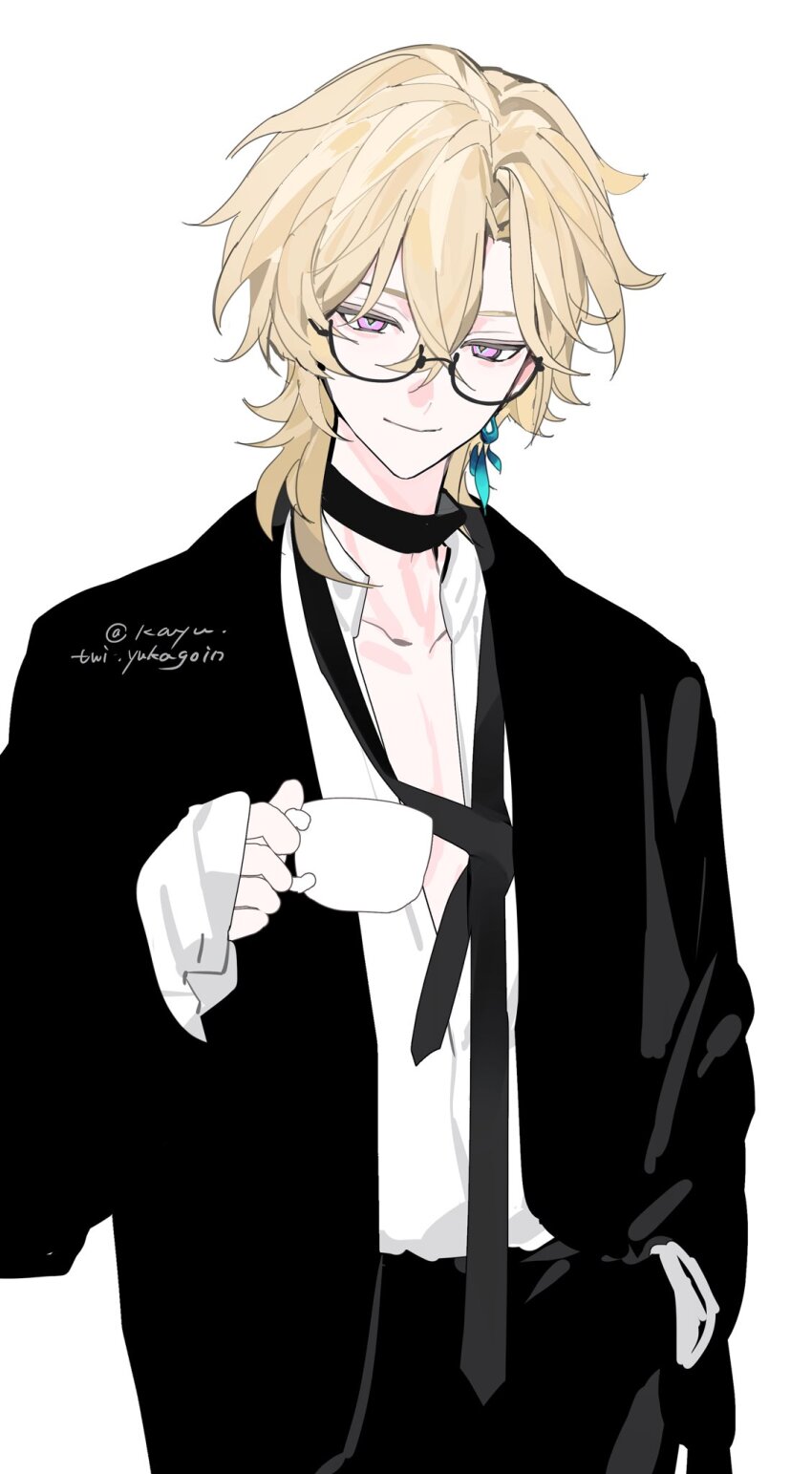 1boy alternate_costume aventurine_(honkai:_star_rail) black_jacket black_necktie blonde_hair closed_mouth cowboy_shot cup earrings glasses hand_in_pocket highres holding holding_cup honkai:_star_rail honkai_(series) jacket jewelry kayu_(yukagoin) looking_at_viewer male_focus necktie shirt short_hair simple_background solo white_background white_shirt