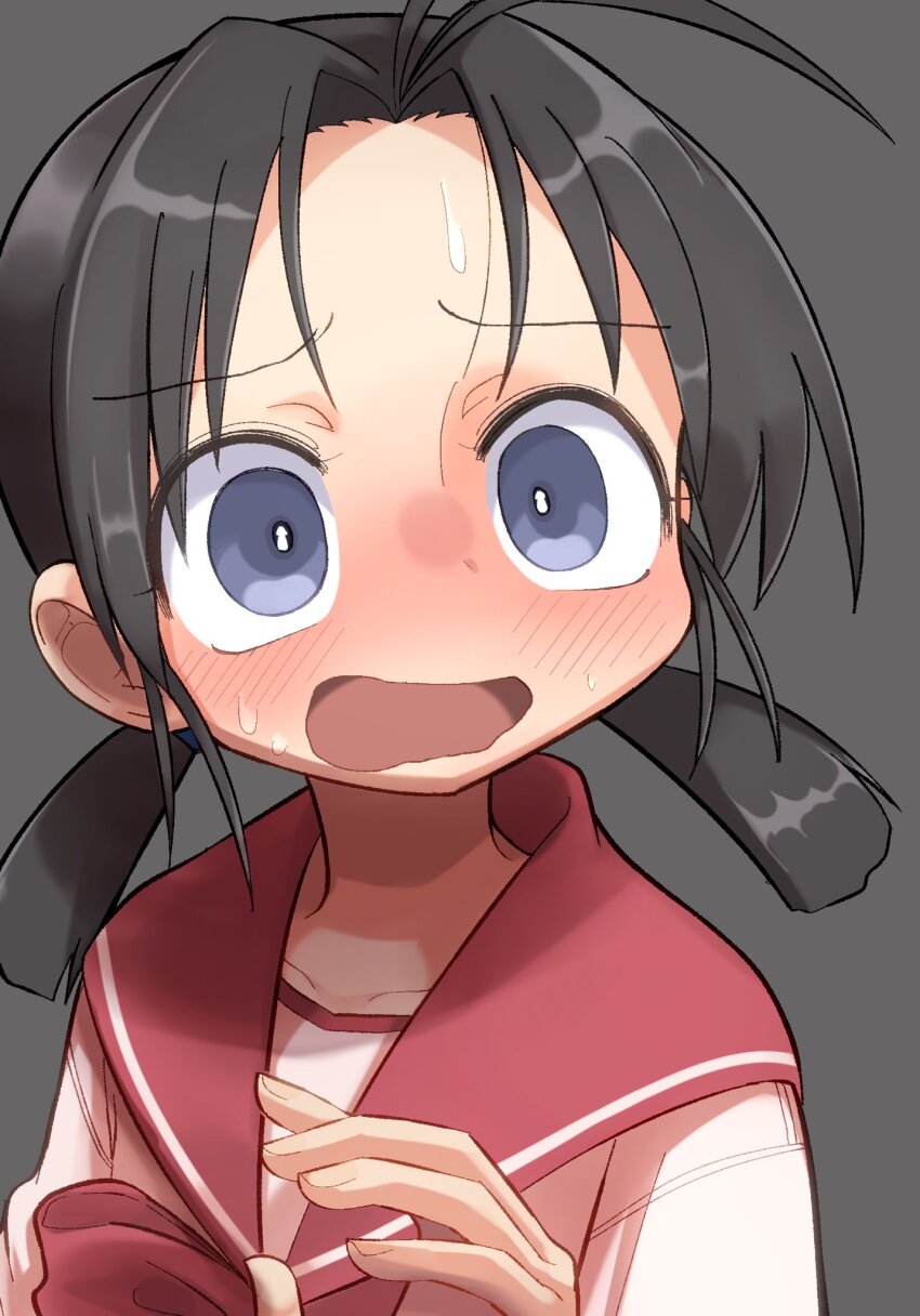 1girl black_hair blue_eyes blush forehead grief_loss highres hinayama_rio long_hair open_mouth pink_shirt sailor_collar school_uniform serafuku shirt solo sweat to_heart to_heart_(series) twintails upper_body wide-eyed