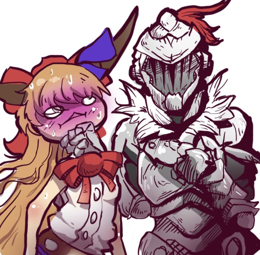 0_0 1boy 1girl armor asphyxiation blue_ribbon bow crossover full_armor goblin_slayer goblin_slayer! hair_bow highres horns ibuki_suika keebweebin knight long_hair looking_at_viewer o_o open_mouth orange_hair red_bow red_ribbon ribbon simple_background sleeveless strangling sweat torn_ribbon touhou triangle_mouth white_background
