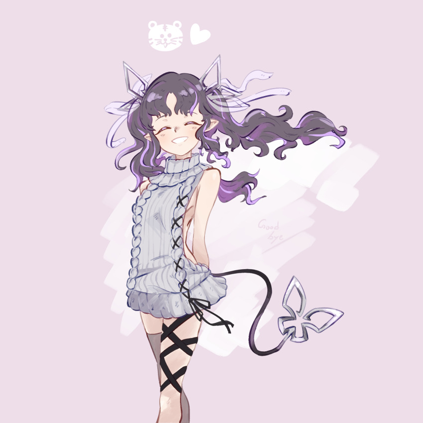 1girl aran_sweater arms_behind_back black_hair black_ribbon blush breasts buranka cable_knit closed_eyes commentary_request demon_girl demon_horns demon_tail dress feet_out_of_frame goodbye grey_sweater grey_thighhighs grin hair_ribbon highres horns kojo_anna kojo_anna_(3rd_costume) leg_ribbon long_hair meme_attire multicolored_hair nanashi_inc. official_alternate_costume pointy_ears purple_hair ribbed_sweater ribbon single_thighhigh sleeveless sleeveless_sweater small_breasts smile solo sweater sweater_dress tail thighhighs turtleneck turtleneck_sweater twintails two-tone_hair virgin_killer_sweater virtual_youtuber white_ribbon
