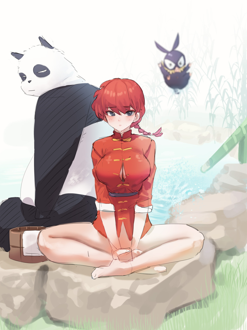 1girl absurdres blush bottomless breasts bucket chinese_clothes commentary ggz_(gguzal_95) grass highres indian_style large_breasts looking_at_viewer onsen p-chan ranma-chan ranma_1/2 red_hair red_shirt saotome_genma_(panda) saotome_ranma shirt sitting wooden_bucket