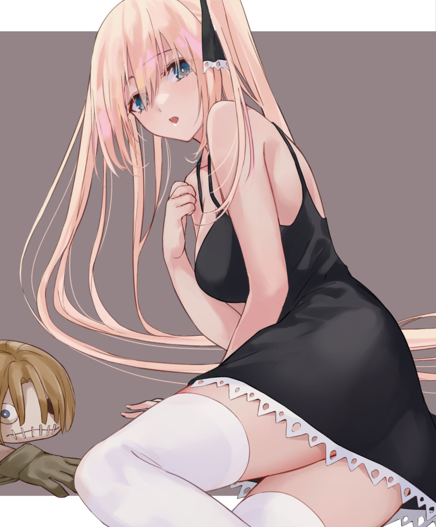 1girl arm_support bare_shoulders black_dress blonde_hair blue_eyes breasts chuck_(shaman_king) doll dress hand_on_own_chest highres long_hair looking_at_viewer looking_to_the_side marion_phauna mexif open_mouth outside_border shaman_king simple_background sitting solo spaghetti_strap stitched_mouth stitches thighhighs thighs very_long_hair white_thighhighs zettai_ryouiki