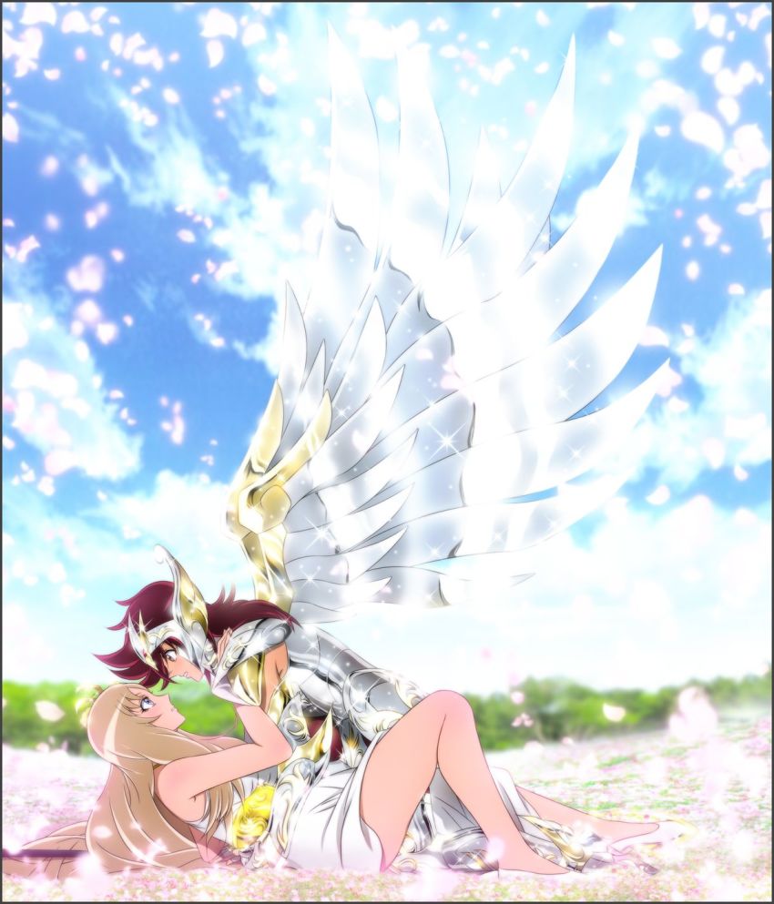 10s 1boy 1girl aquila_yuna armor blue_eyes brown_eyes brown_hair day dress eye_contact highres long_hair looking_at_another outdoors pegasus_koga petals red_hair saint_seiya saint_seiya_omega white_dress wings yadokari_genpachirou