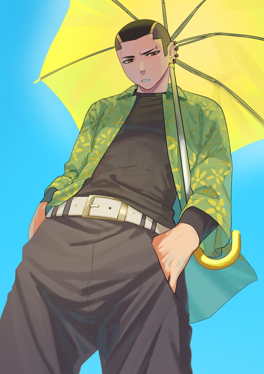 1boy belt belt_buckle black_hair black_pants black_shirt black_undershirt blue_background brown_eyes buckle cowboy_shot dandadan deikubomocyocyo delinquent ear_piercing eyebrow_piercing floral_print floral_print_shirt from_below green_shirt hands_in_pockets highres looking_at_viewer male_focus open_clothes open_shirt pants parted_lips piercing print_shirt shirt short_hair solo umbrella unji_zuma very_short_hair yellow_umbrella