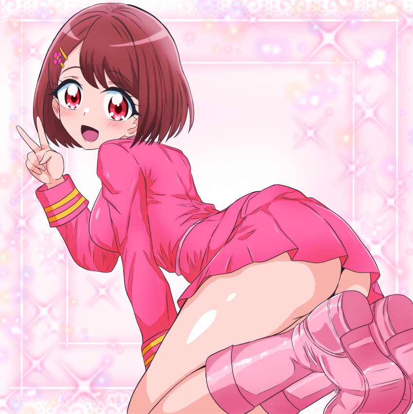 1girl absurdres ass bob_cut boots brown_hair commentary_request dress from_behind hair_ornament hairclip hanadera_nodoka hand_on_own_knee healin&#039;_good_precure highres kneeling leaning_forward long_sleeves looking_at_viewer looking_back manga_sakuga_(precure) open_mouth pink_boots pink_dress pink_eyes pleated_dress precure short_dress smile solo sparkle v