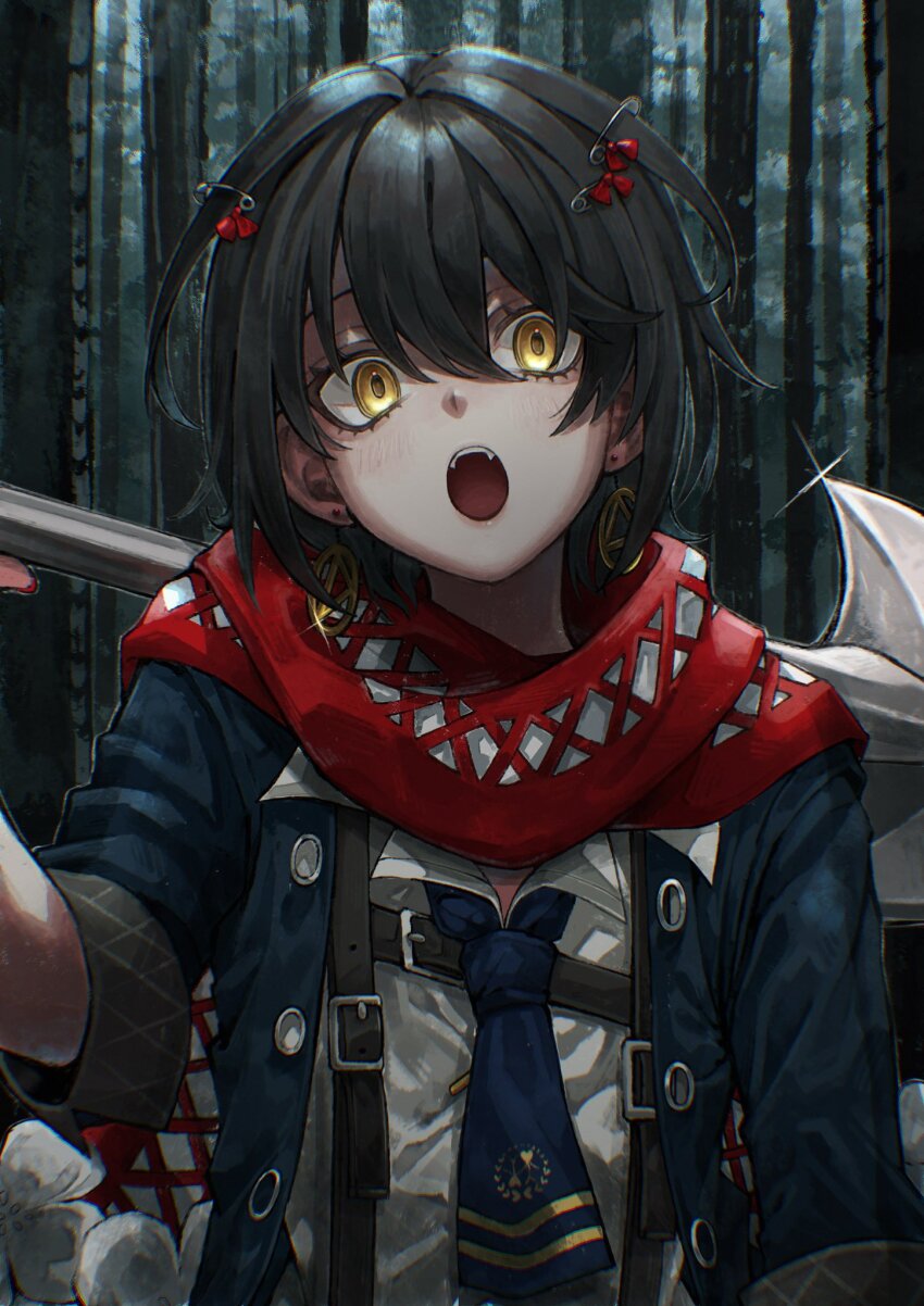 1boy black_hair blue_jacket blush earrings hair_between_eyes hashtag-only_commentary highres hnai_0 holding holding_shovel jacket jewelry looking_at_viewer male_focus mashiro_meme mashiro_meme_(1st_costume) nijisanji open_mouth red_ribbon red_scarf ribbon safety_pin scarf shirt shovel solo sparkle trap upper_body virtual_youtuber white_shirt yellow_eyes