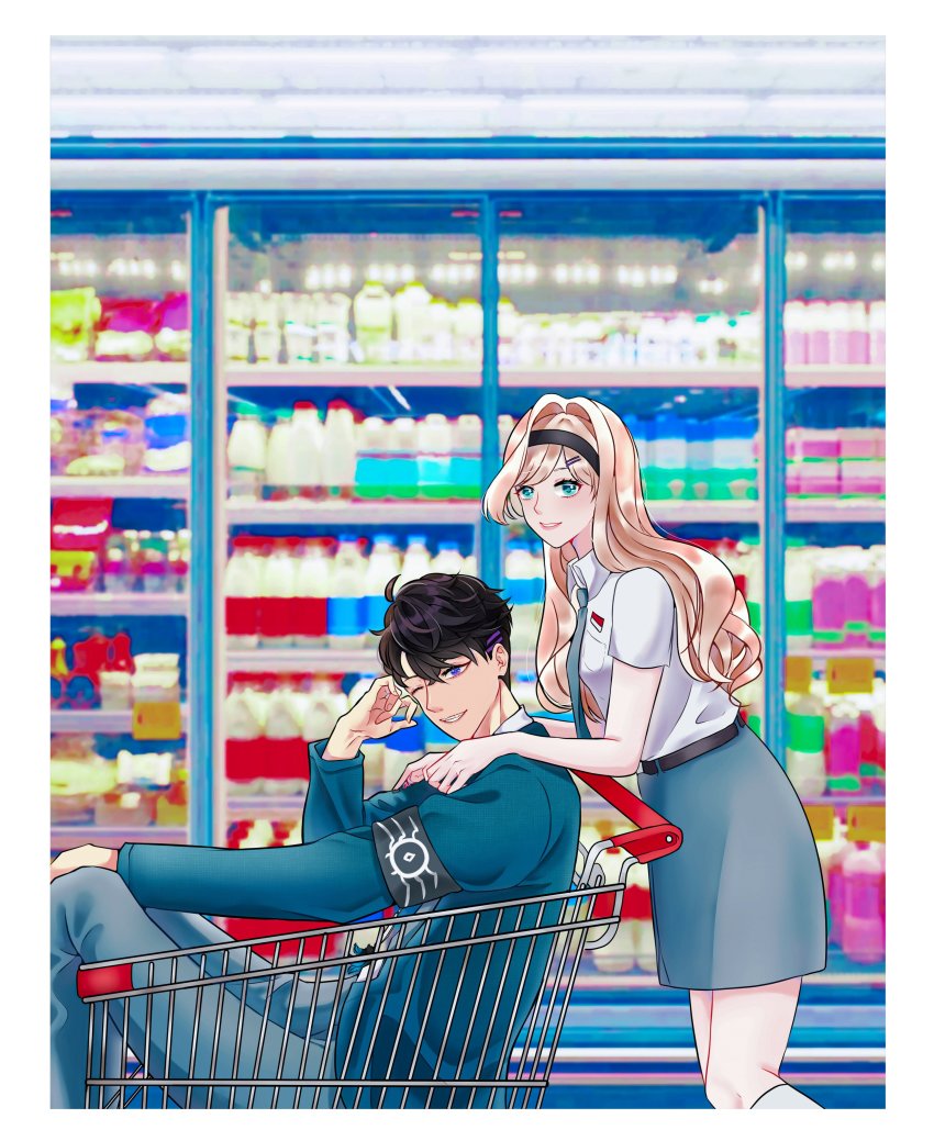 1boy 1girl absurdres alternate_hairstyle armband belt black_belt black_hairband blue_jacket blue_neckwear blue_pants blue_skirt collared_shirt commentary english_commentary hairband hands_on_another&#039;s_shoulders highres in_shopping_cart jacket layla_alstroemeria necktie nijisanji nijisanji_id pants reza_avanluna school_swimsuit shirt shopping_cart skirt smile supermarket swimsuit virtual_youtuber white_shirt zee_(oreomisme)