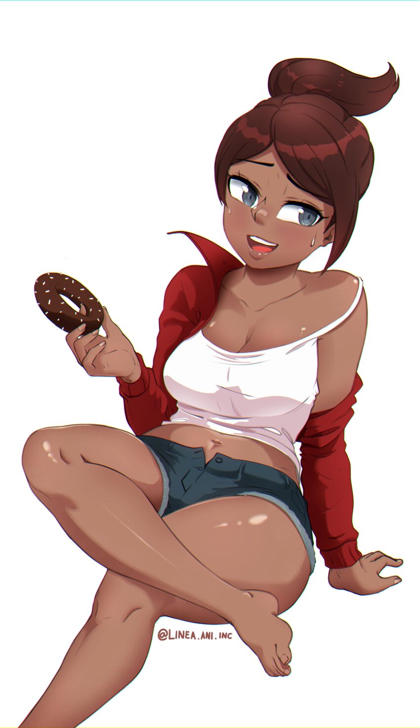 absurdres arm_support asahina_aoi barefoot blue_shorts breasts brown_hair camisole cleavage commentary crossed_arms danganronpa:_trigger_happy_havoc danganronpa_(series) dark-skinned_female dark_skin donut english_commentary feet food grey_eyes highres holding holding_food invisible_chair large_breasts linea.ani.inc midriff navel off_shoulder open_fly open_mouth parted_lips petite ponytail raised_eyebrow red_eyes short_shorts shorts signature sitting smile strap_slip sweatdrop thighs toes white_camisole