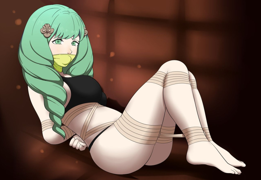 1girl ass ball_gag bdsm black_bra black_panties blush bondage bound bra breasts brown_background brown_rope cloth_gag covered_mouth dankestofdans eyeliner feet female_focus fire_emblem fire_emblem:_three_houses flayn_(fire_emblem) gag gagged green_eyes green_hair huge_ass improvised_gag intelligent_systems large_breasts layered_gags long_hair lying makeup nintendo panties rope shiny_clothes shiny_skin solo thick_thighs thighs underwear underwear_only variant_set very_long_hair