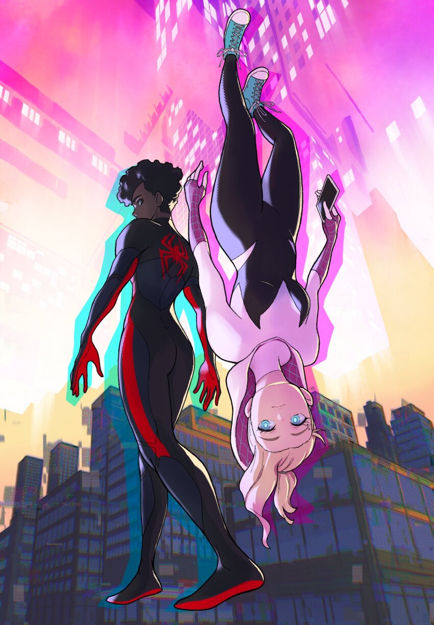 1boy 1girl animal_print back black_bodysuit black_hair blonde_hair blue_eyes blue_footwear bodysuit breasts brown_eyes building cellphone city closed_mouth dark-skinned_male dark_skin from_behind full_body glitch gradient_sky gwen_stacy highres holding holding_phone hood hooded_bodysuit looking_at_viewer looking_back marvel medium_breasts miles_morales multicolored_bodysuit outdoors phone piercing pink_sky purple_bodysuit red_bodysuit shadow shoes short_hair sky skyscraper smartphone smile sneakers spider-gwen spider-man_(miles_morales) spider-man_(series) spider-verse spider_print spider_web_print standing superhero_costume sushi_pizza_rrr two-tone_bodysuit upside-down white_bodysuit white_sky