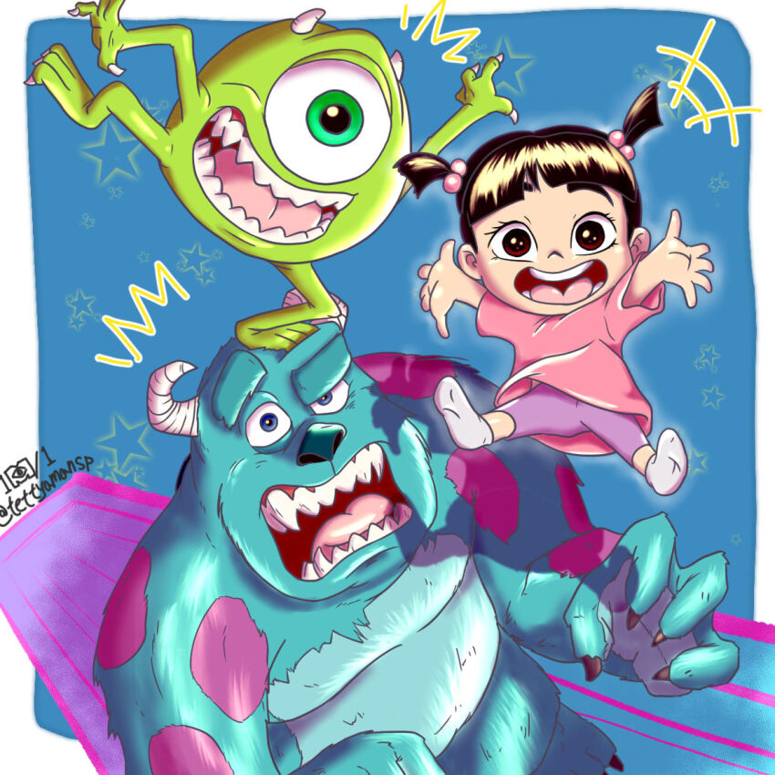 1girl 2boys boo_(monsters_inc.) child cyclops dress green_eyes green_hair horns james_p._sullivan mike_wazowski monsters_inc. multiple_boys one-eyed open_mouth sharp_teeth short_hair short_twintails smile teeth tettyamansp twintails