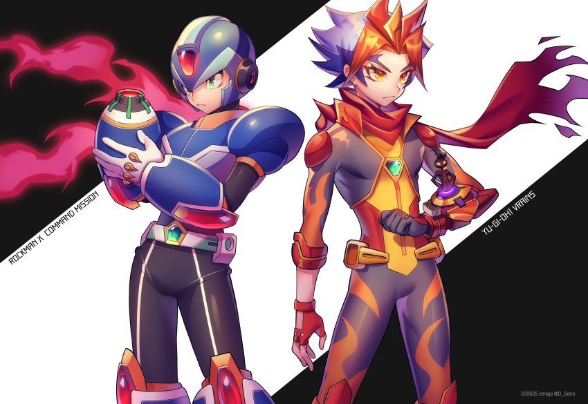 2boys absurdres android arm_at_side arm_cannon armor artist_name asymmetrical_gloves belt black_background black_gloves black_skin blue_headwear blue_helmet bodysuit clenched_hand closed_mouth colored_skin copyright_name cowboy_shot crossover dated fingerless_gloves flame_(yu-gi-oh!_vrains) flame_print forehead_jewel gloves green_eyes grey_bodysuit hand_on_own_arm helmet highres homura_takeru looking_to_the_side male_focus mega_man_(series) mega_man_x:_command_mission mega_man_x_(series) mismatched_gloves multicolored_hair multiple_boys new_armor_x_(mega_man) red_gloves red_scarf scarf serious shoulder_pads soulburner spiked_hair standing torn_clothes torn_scarf twitter_username two-tone_background weapon white_background white_gloves x_(mega_man) yellow_eyes yu-gi-oh! yu-gi-oh!_vrains zero-go