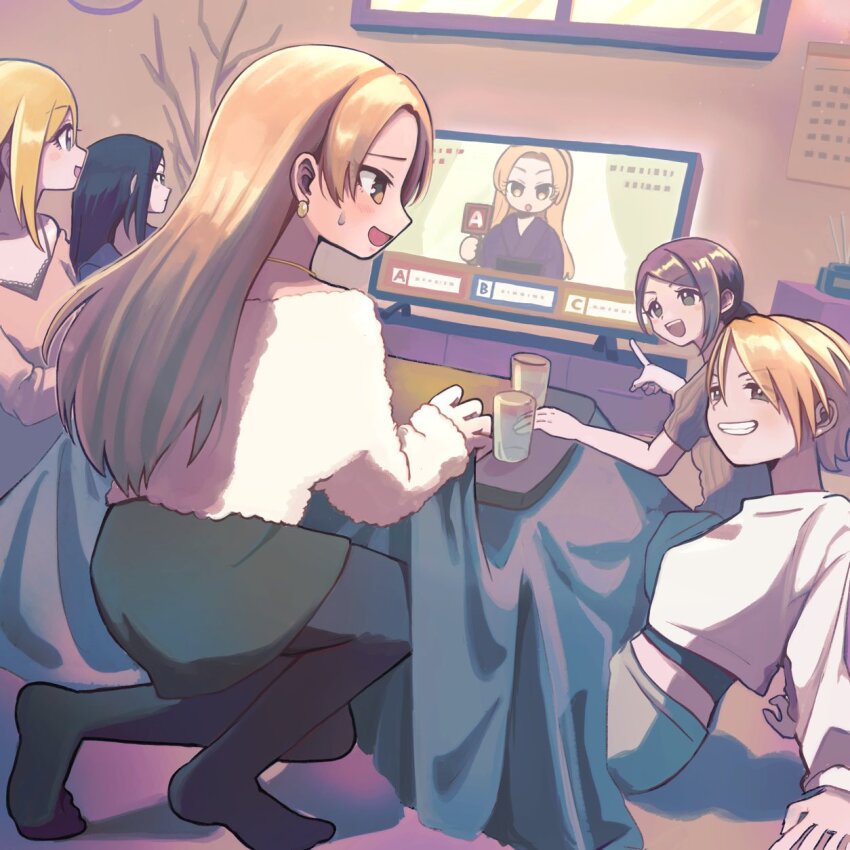 5girls black_hair black_pantyhose blonde_hair blush brown_hair calendar_(object) commentary_request cropped_shirt cup enjin_(idolmaster) fujimoto_rina fur_shirt green_skirt grin highres hinamu_2 idolmaster idolmaster_cinderella_girls indoors kimura_natsuki kotatsu long_hair matsunaga_ryo mukai_takumi multiple_girls pantyhose pointing shirt sitting skirt smile straight_hair sweatdrop table television tv_show very_long_hair white_shirt yamato_aki