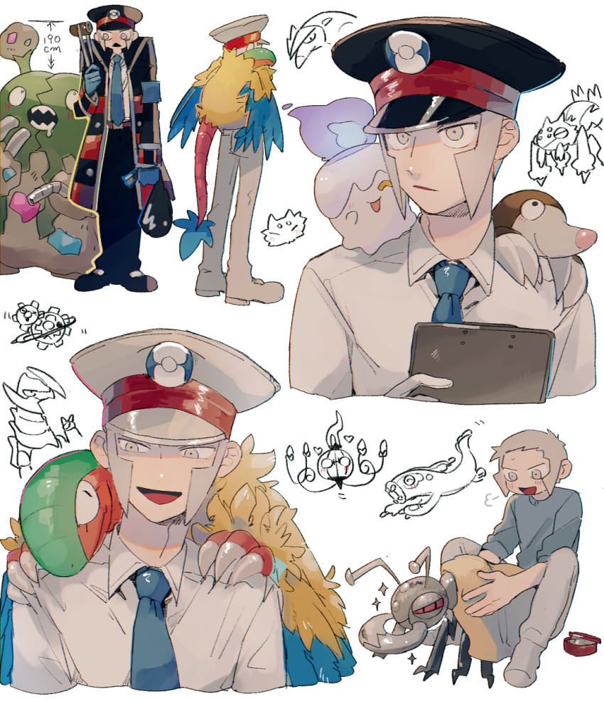 2boys :d akamtvahosi archeops armband bag black_coat black_footwear black_hat black_pants blue_armband blue_gloves blue_necktie blue_shirt boots brothers chandelure claws closed_mouth coat collared_coat collared_shirt commentary_request drilbur drooling durant eelektross emmet_(pokemon) excadrill galvantula garbodor gen_5_pokemon gloves grey_eyes grey_footwear grey_hair grey_hat grey_pants grey_socks hand_up hat haxorus highres holding holding_bag holding_towel ingo_(pokemon) joltik klinklang knees_up litwick long_sleeves male_focus mouth_drool multiple_boys multiple_views necktie nintendo no_headwear on_shoulder open_clothes open_coat open_mouth pants peaked_cap pokemon pokemon_(creature) pokemon_bw pokemon_on_shoulder puff_of_air red_eyes sharp_teeth shirt shirt_tucked_in short_hair siblings sideburns simple_background sitting sleeves_rolled_up smile socks sparkle striped_coat talons teeth towel trash_bag triangle_mouth twins upper_body v-shaped_eyebrows white_background white_shirt wing_collar