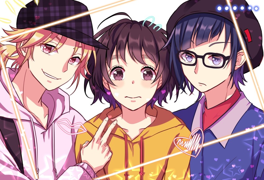 1girl 2boys ahoge black-framed_eyewear blonde_hair brown_eyes brown_hair brown_headwear glasses hat heart hood hood_down kokuhaku_jikkou_iinkai lips looking_at_viewer louiselulub messy_hair multiple_boys pink_eyes plaid_clothes plaid_headwear ponytail purple_eyes shibasaki_aizou short_ponytail simple_background smile someya_yuujirou star_(symbol) suzumi_hiyori upper_body v white_background