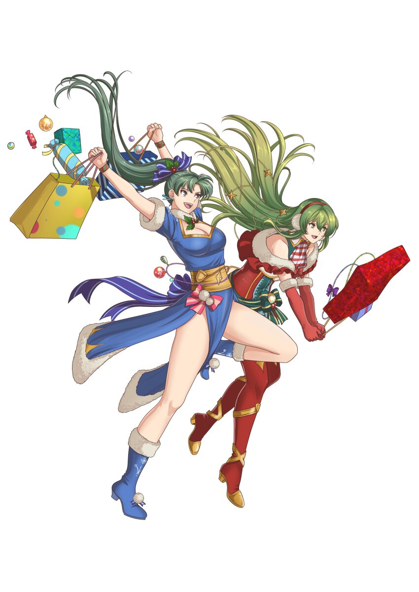 absurdres arms_up autumn-sacura bag blue_dress blue_shoes boots box breasts christmas cleavage cleavage_cutout clothing_cutout dress earrings elbow_gloves erinys_(fire_emblem) fire_emblem fire_emblem:_genealogy_of_the_holy_war fire_emblem:_the_blazing_blade fire_emblem_heroes fur_trim gift gift_box gloves green_eyes green_hair hair_ornament highres jewelry long_hair lyn_(fire_emblem) nintendo open_mouth ponytail red_gloves second-party_source shoes shopping_bag side_slit simple_background smile thigh_boots white_background