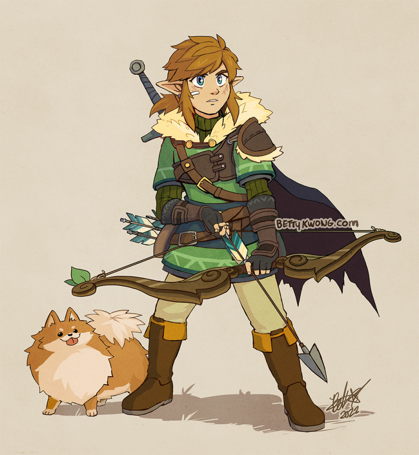 1boy arrow_(projectile) bandages bettykwong blue_eyes boots bow_(weapon) brown_hair fingerless_gloves gloves green_tunic leaf link nintendo pointy_ears pomeranian_(dog) ponytail sidelocks swept_bangs sword the_legend_of_zelda tunic weapon weapon_on_back