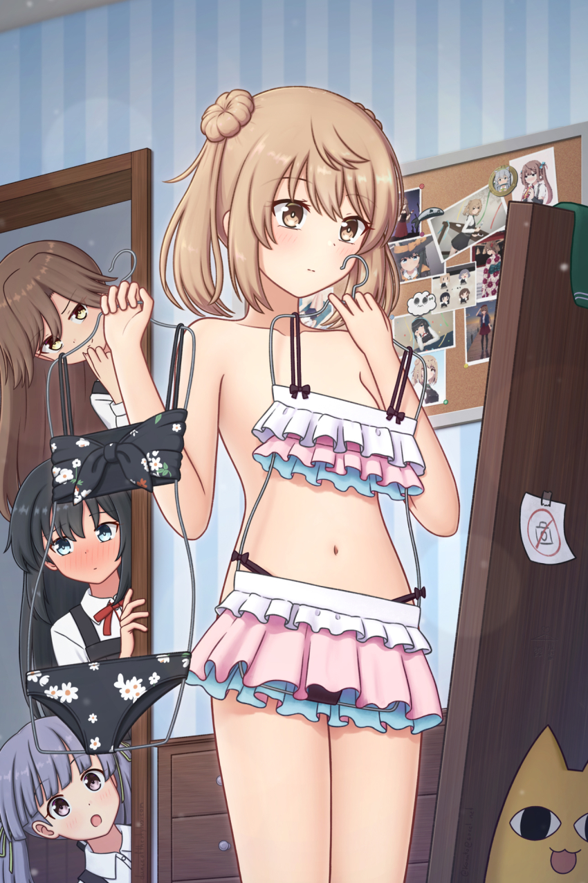 4girls arashio_(kancolle) arashio_kai_ni_(kancolle) asashio_(kancolle) asashio_kai_ni_(kancolle) azumanga_daiou bikini black_bikini black_hair black_panties blue_eyes blush brown_eyes brown_hair clothes_hanger clothes_in_front covering_privates crossover double_bun dress frilled_bikini frills grey_hair hair_bun highres holding holding_clothes_hanger indoors kantai_collection konato_k long_hair long_sleeves michishio_(kancolle) mihama_chiyo&#039;s_father multiple_girls navel neck_ribbon nude_cover ooshio_(kancolle) ooshio_kai_ni_(kancolle) panties pinafore_dress red_ribbon ribbon school_uniform shirt short_hair short_twintails sleeveless sleeveless_dress standing swimsuit topless_female twintails underwear white_shirt