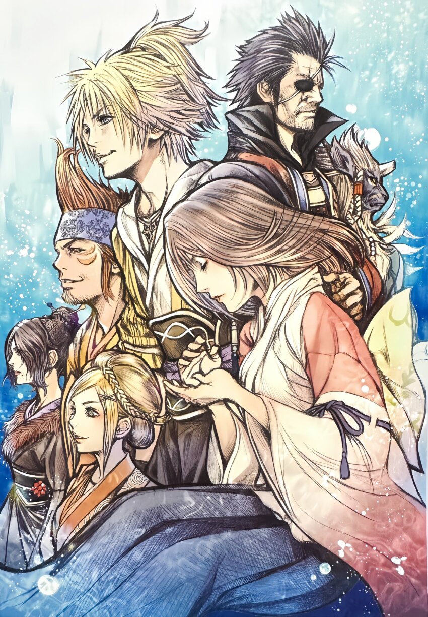 3girls 4boys auron beard black_hair blonde_hair blue_fur braid brown_hair closed_eyes eyepatch facial_hair facial_mark final_fantasy final_fantasy_x goatee hair_bun headband highres japanese_clothes kimahri_ronso kimono lulu_(ff10) multiple_boys multiple_girls nomura_tetsuya official_alternate_costume official_alternate_hairstyle official_art ponytail red_hair rikku_(ff10) ronso smile third-party_source tidus wakka whisker_markings yuna_(ff10)