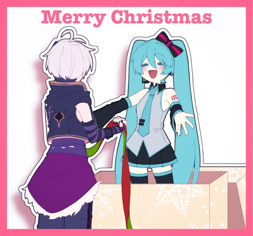 2girls aqua_hair aqua_necktie arm_warmers bare_shoulders black_bow black_skirt black_sleeves black_thighhighs blush border bow box closed_eyes commentary detached_sleeves drop_shadow flower_(vocaloid) flower_(vocaloid4) from_behind fur-trimmed_skirt fur_trim grey_shirt hair_bow hatsune_miku headset holding holding_ribbon hood hooded_jacket in_box in_container jacket kazuse616 long_hair looking_at_another merry_christmas miniskirt multiple_girls necktie open_mouth outstretched_arms pink_border pleated_skirt purple_arm_warmers purple_hair purple_jacket purple_nails purple_shirt purple_shorts ribbon shirt short_hair shorts shoulder_tattoo skirt sleeveless sleeveless_jacket sleeveless_shirt smile snowflake_print standing striped_arm_warmers striped_bow symbol-only_commentary tattoo thighhighs twintails very_long_hair vocaloid white_background white_hair zettai_ryouiki